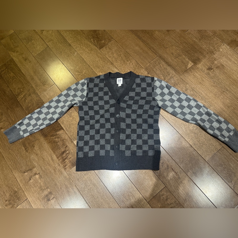 GAP Kids Black and Gray Checkered Cardigan Sweater
